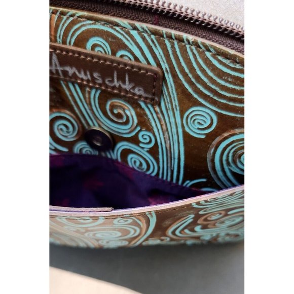 Anuschka Twin Top Wallet Wrislet Organizer Makeup Bag Tooled Waves Small Purse - Picture 12 of 16
